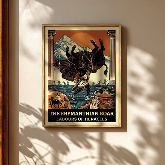 Erymanthian Boar poster featuring Heracles, Greek mythology art, vintage style, bold colors.