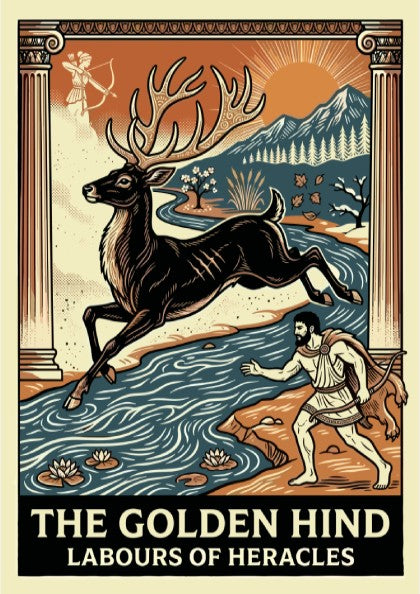 The Golden Hind Greek mythology poster with Heracles pursuing a deer near a river, art deco style.
