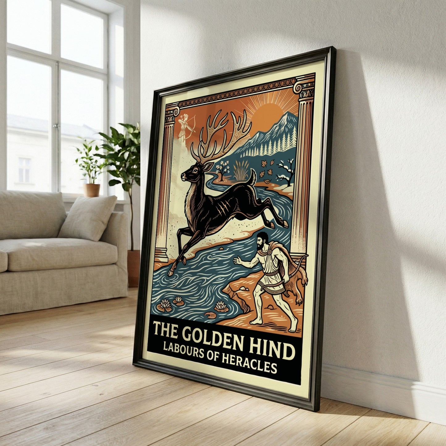 The Golden Hind Greek mythology poster with Heracles pursuing a deer near a river, art deco style.