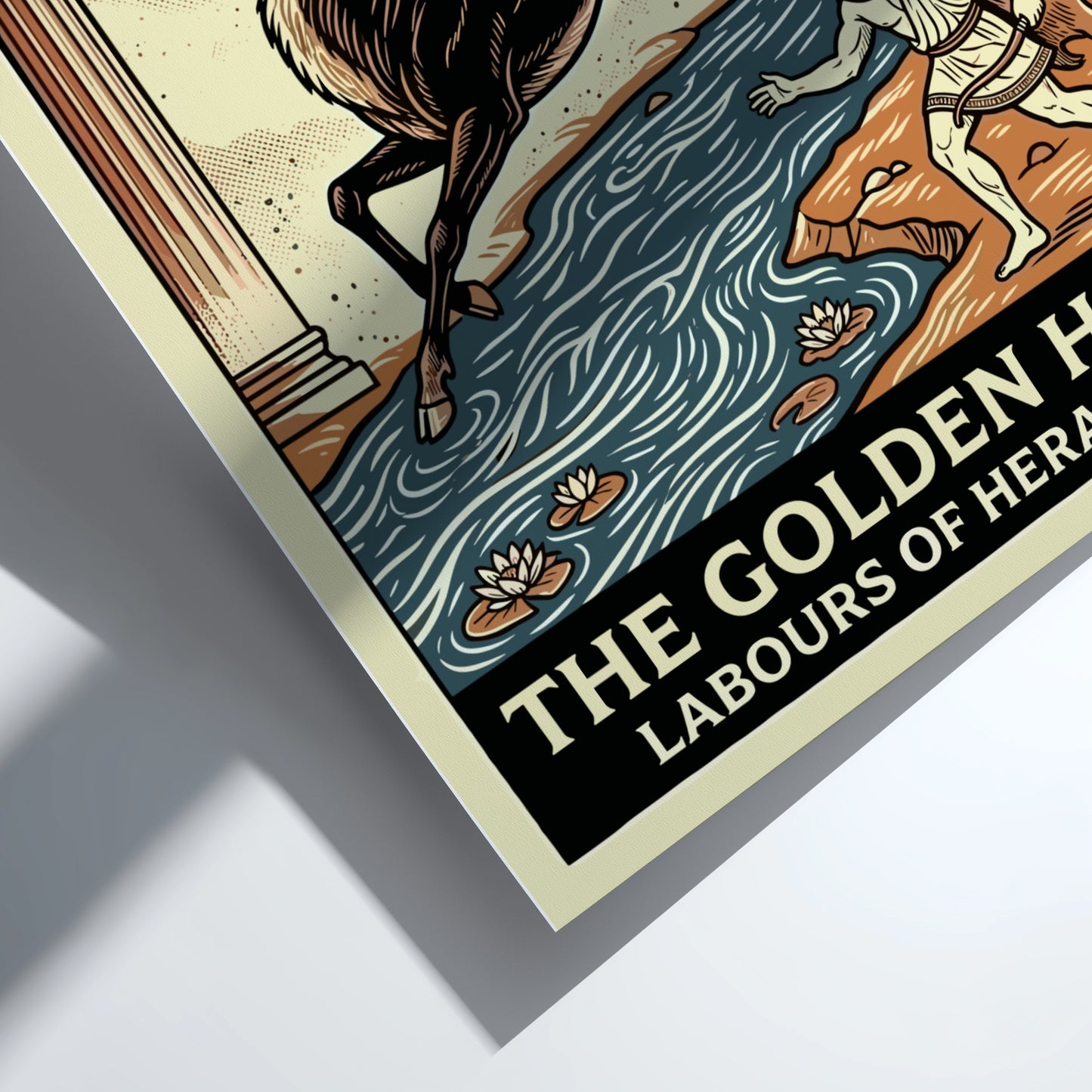 The Golden Hind Greek mythology poster with Heracles pursuing a deer near a river, art deco style.