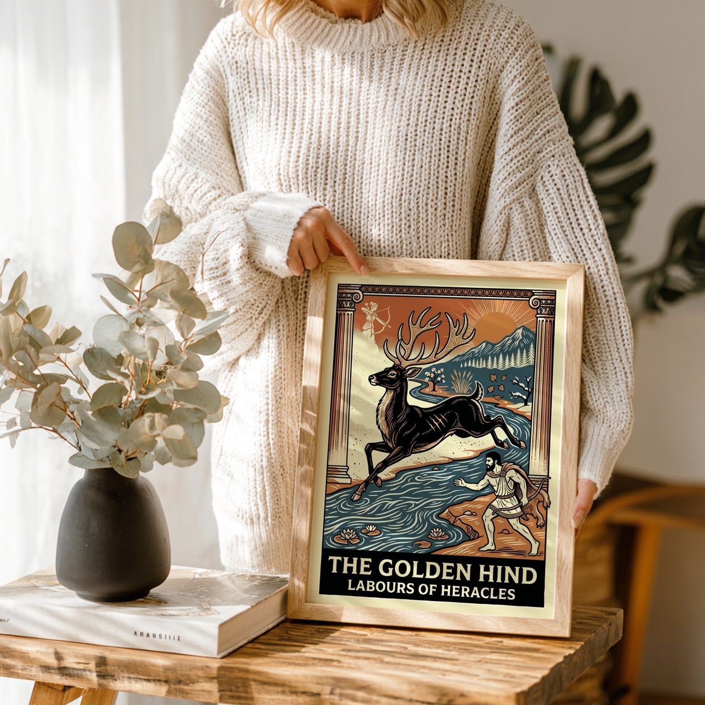 The Golden Hind Greek mythology poster with Heracles pursuing a deer near a river, art deco style.