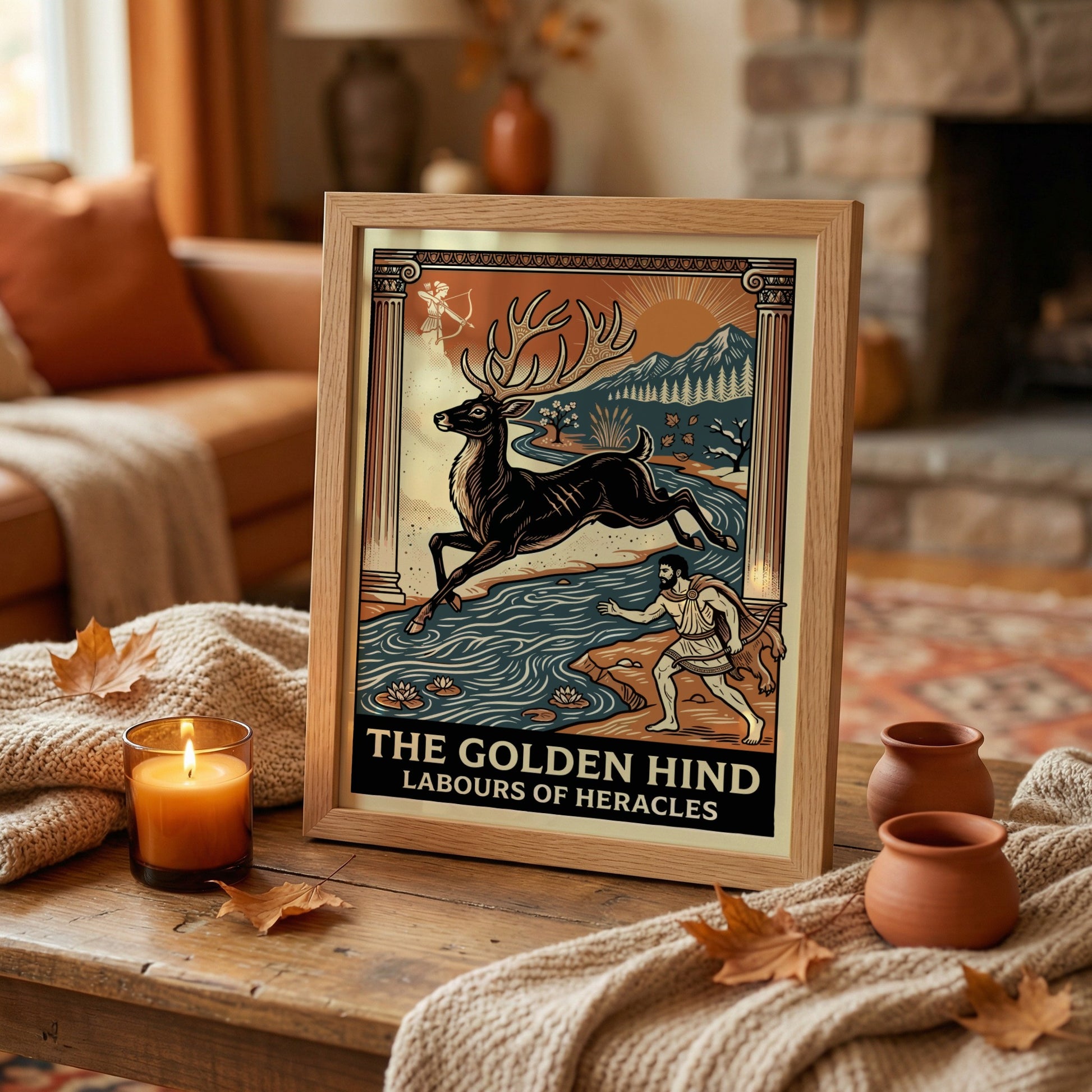 The Golden Hind Greek mythology poster with Heracles pursuing a deer near a river, art deco style.