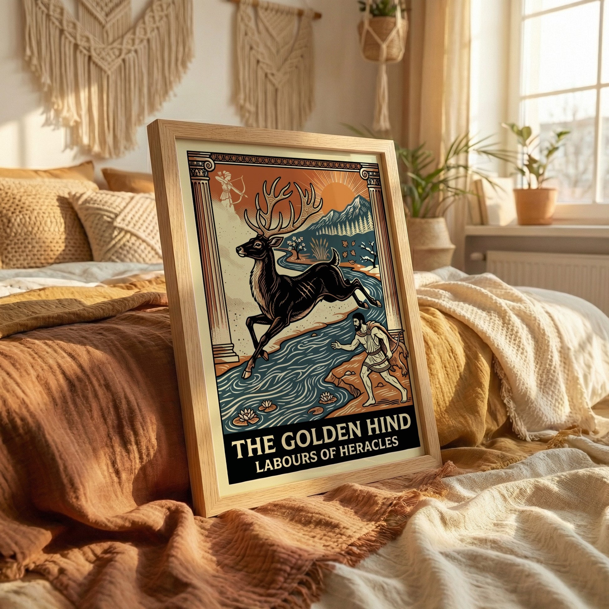 The Golden Hind Greek mythology poster with Heracles pursuing a deer near a river, art deco style.