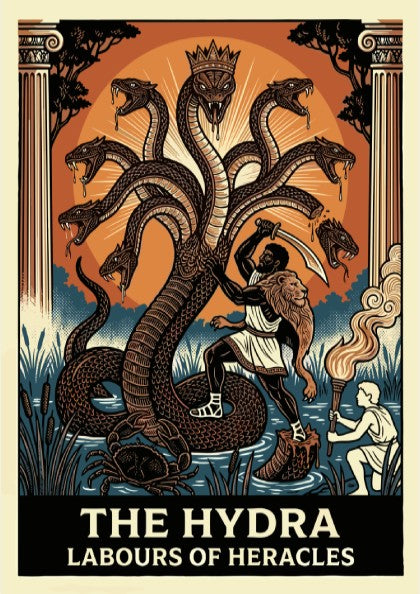 The Hydra Greek Mythology Poster featuring Heracles battling the multi-headed serpent, in a bold graphic