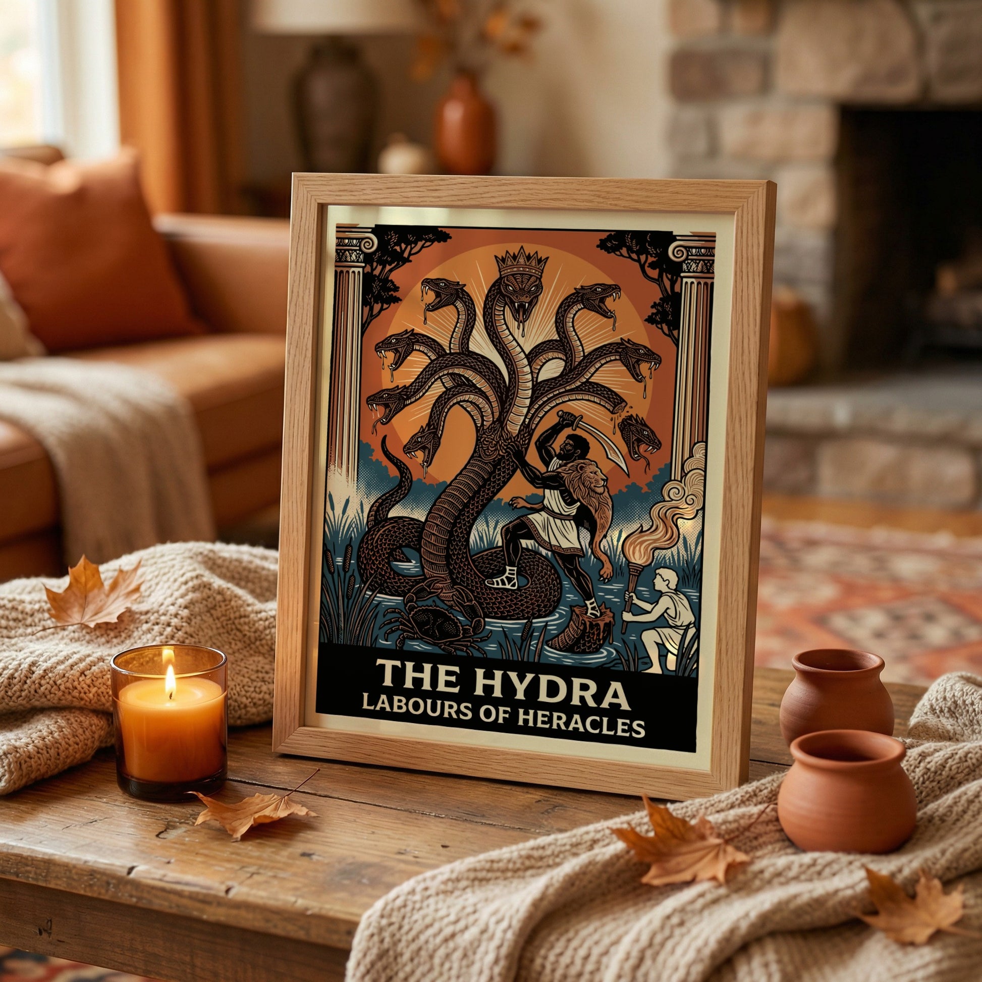 The Hydra Greek Mythology Poster featuring Heracles battling the multi-headed serpent, in a bold graphic