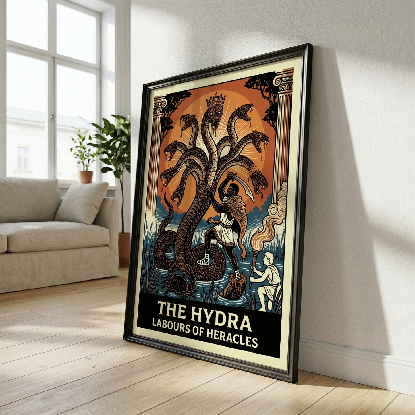 The Hydra Greek Mythology Poster featuring Heracles battling the multi-headed serpent, in a bold graphic