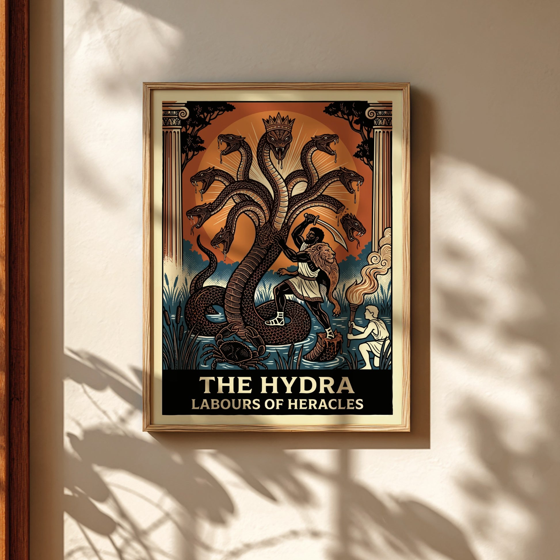 The Hydra Greek Mythology Poster featuring Heracles battling the multi-headed serpent, in a bold graphic