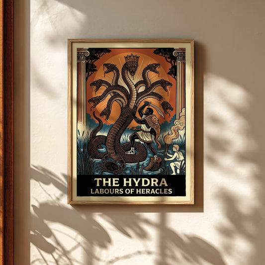 The Hydra Greek Mythology Poster featuring Heracles battling the multi-headed serpent, in a bold graphic