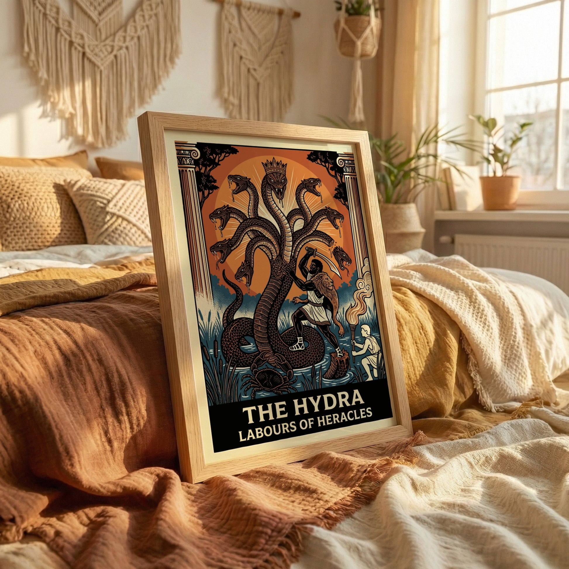 The Hydra Greek Mythology Poster featuring Heracles battling the multi-headed serpent, in a bold graphic