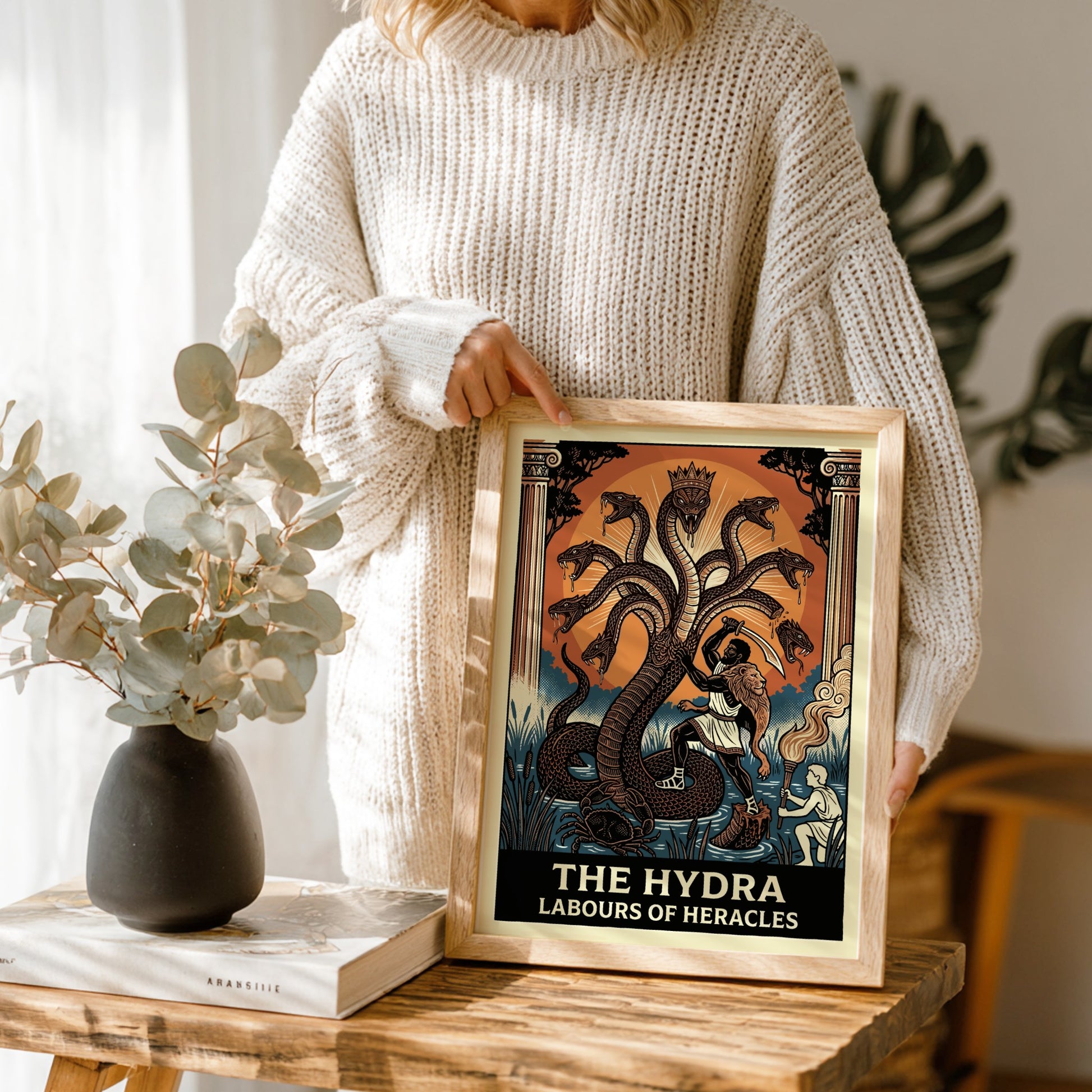The Hydra Greek Mythology Poster featuring Heracles battling the multi-headed serpent, in a bold graphic