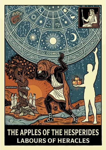 Poster of Greek mythology featuring Heracles, the Nemean Lion, Hesperides, and the Apples of the Hesperides