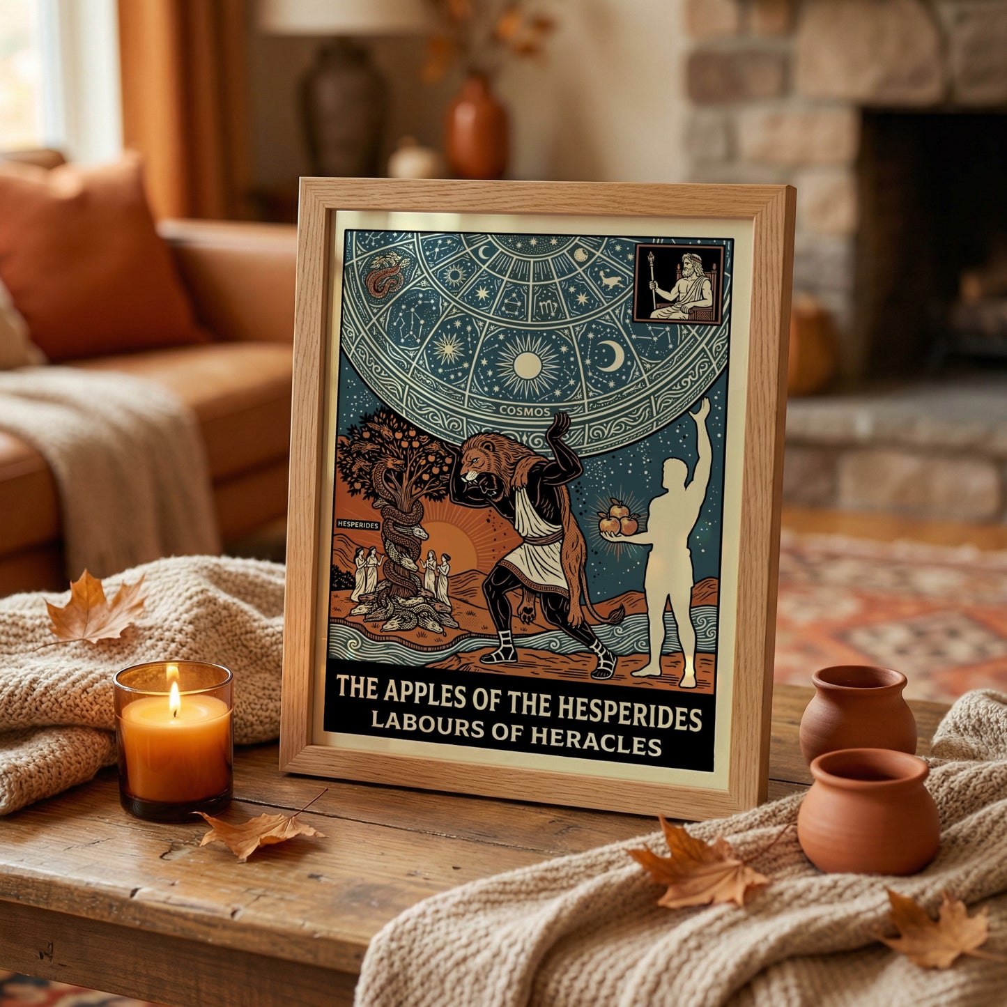Poster of Greek mythology featuring Heracles, the Nemean Lion, Hesperides, and the Apples of the Hesperides