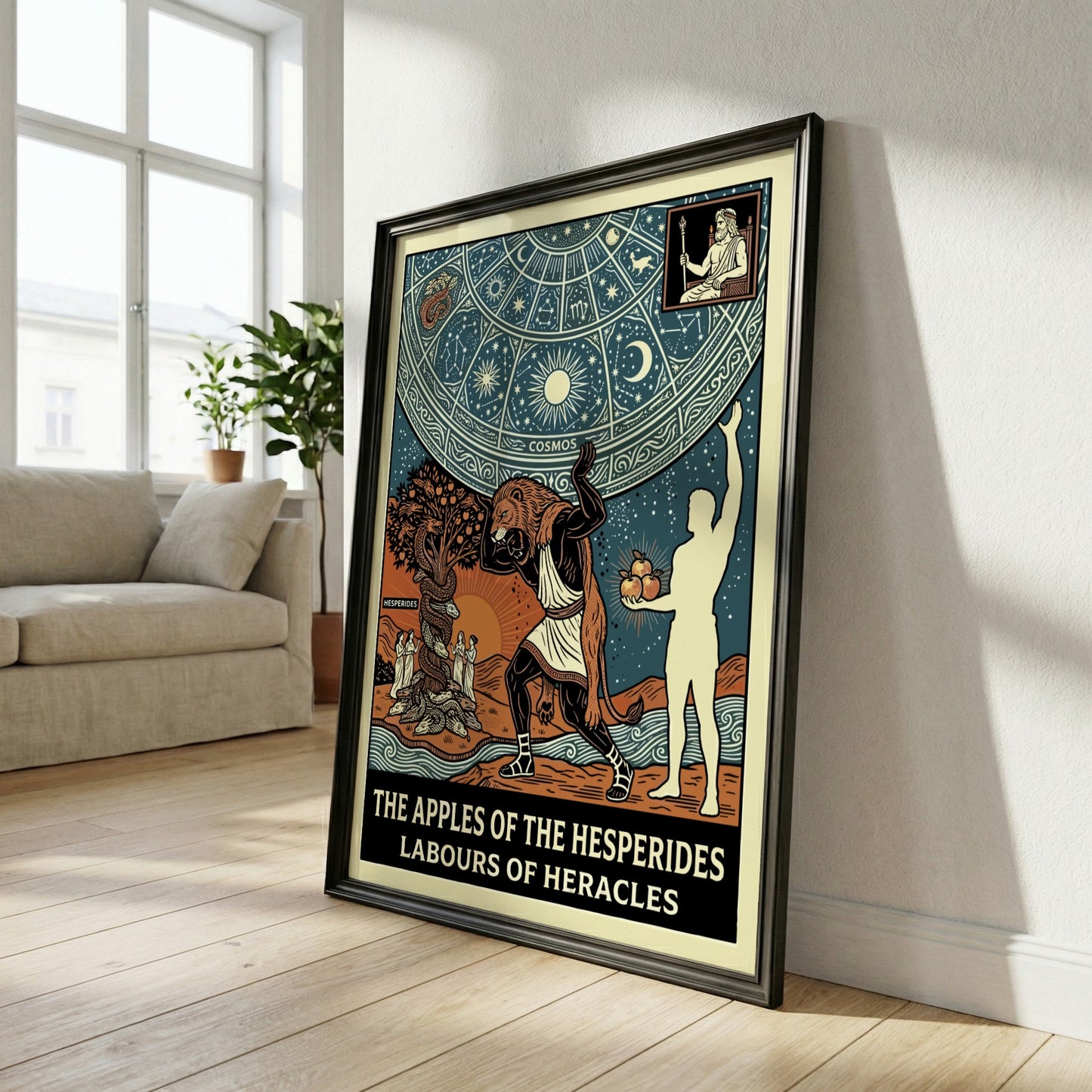 Poster of Greek mythology featuring Heracles, the Nemean Lion, Hesperides, and the Apples of the Hesperides
