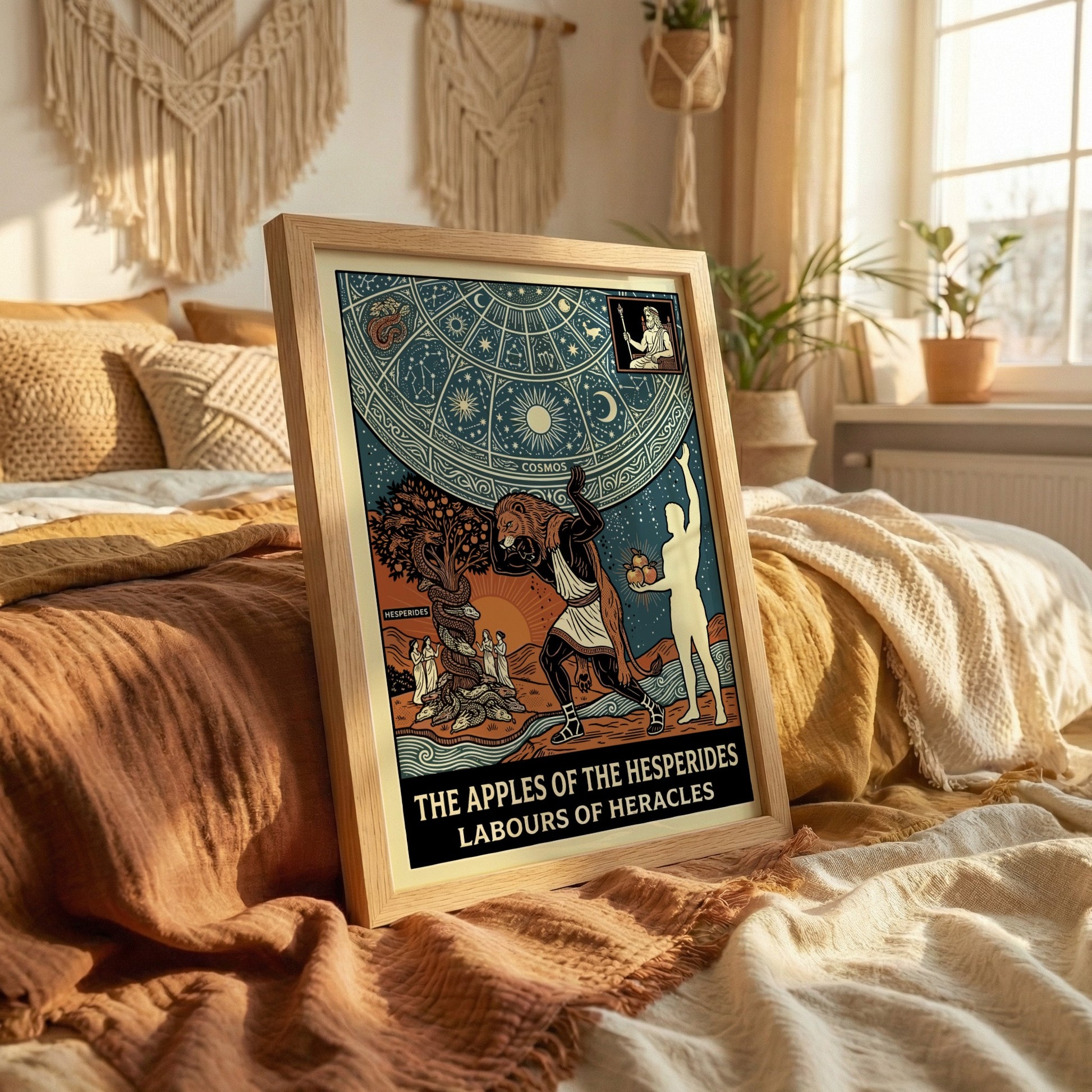 Poster of Greek mythology featuring Heracles, the Nemean Lion, Hesperides, and the Apples of the Hesperides