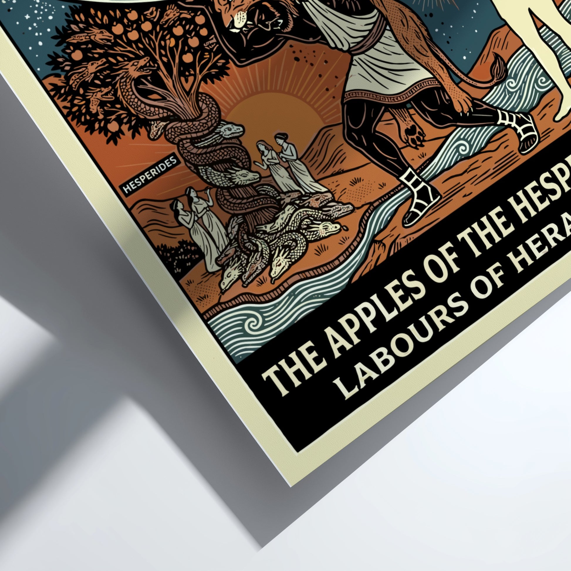 Poster of Greek mythology featuring Heracles, the Nemean Lion, Hesperides, and the Apples of the Hesperides