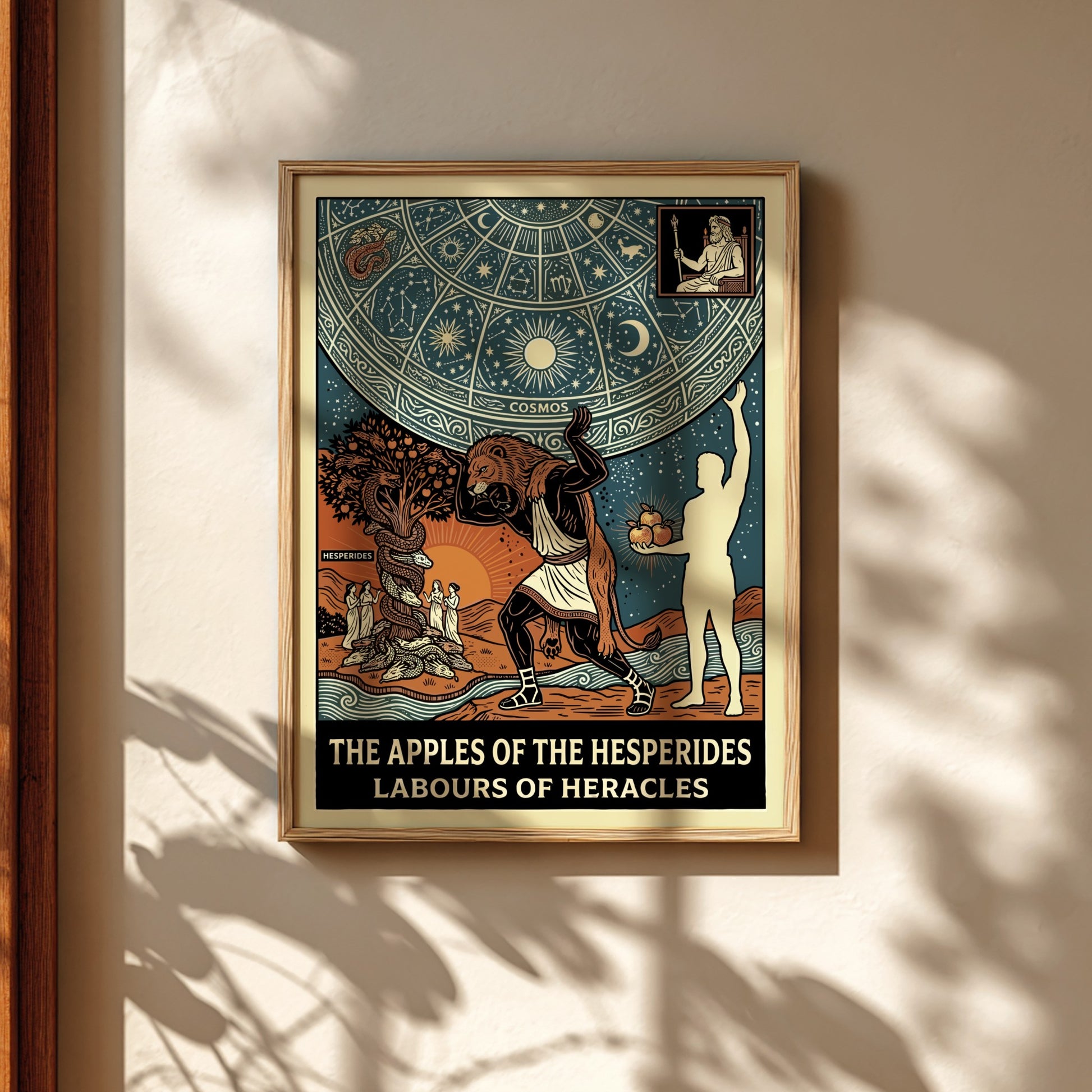 Poster of Greek mythology featuring Heracles, the Nemean Lion, Hesperides, and the Apples of the Hesperides