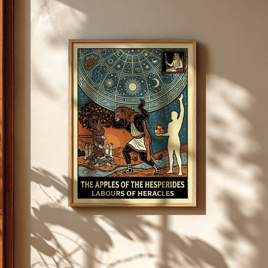 Poster of Greek mythology featuring Heracles, the Nemean Lion, Hesperides, and the Apples of the Hesperides