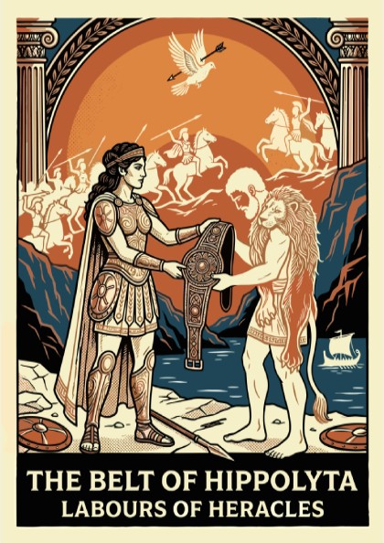 Vintage style poster of Heracles and Hippolyta from Greek mythology, featuring a lion pelt and ornate belt.
