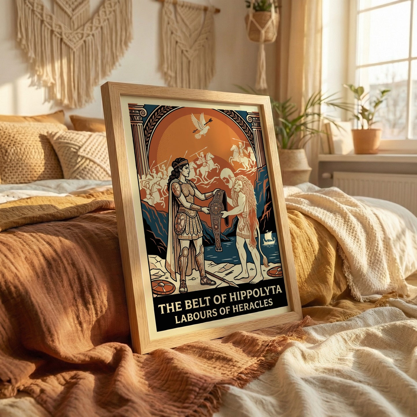 Vintage style poster of Heracles and Hippolyta from Greek mythology, featuring a lion pelt and ornate belt.