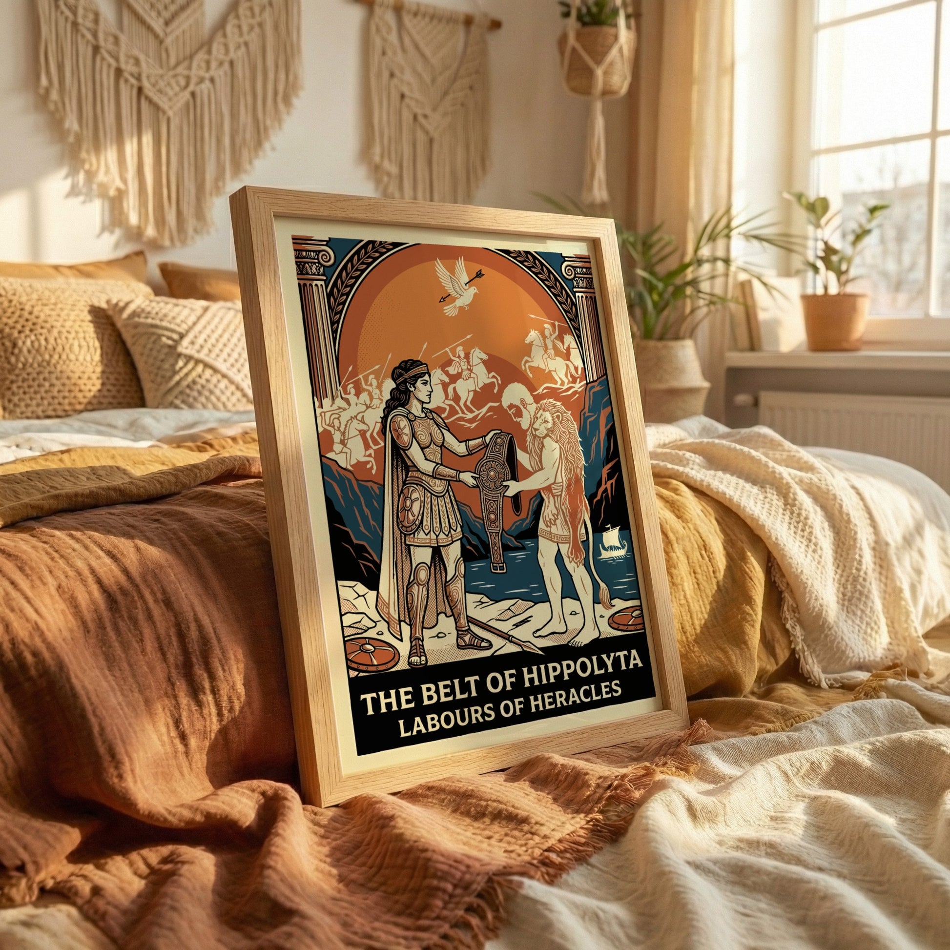Vintage style poster of Heracles and Hippolyta from Greek mythology, featuring a lion pelt and ornate belt.