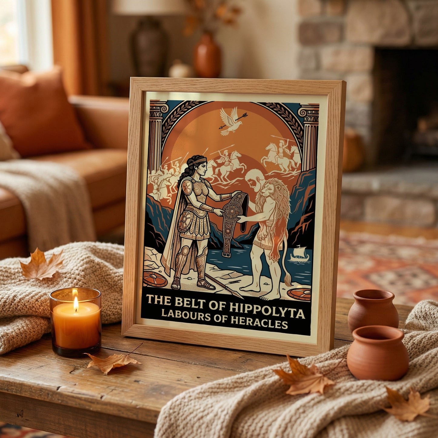 Vintage style poster of Heracles and Hippolyta from Greek mythology, featuring a lion pelt and ornate belt.