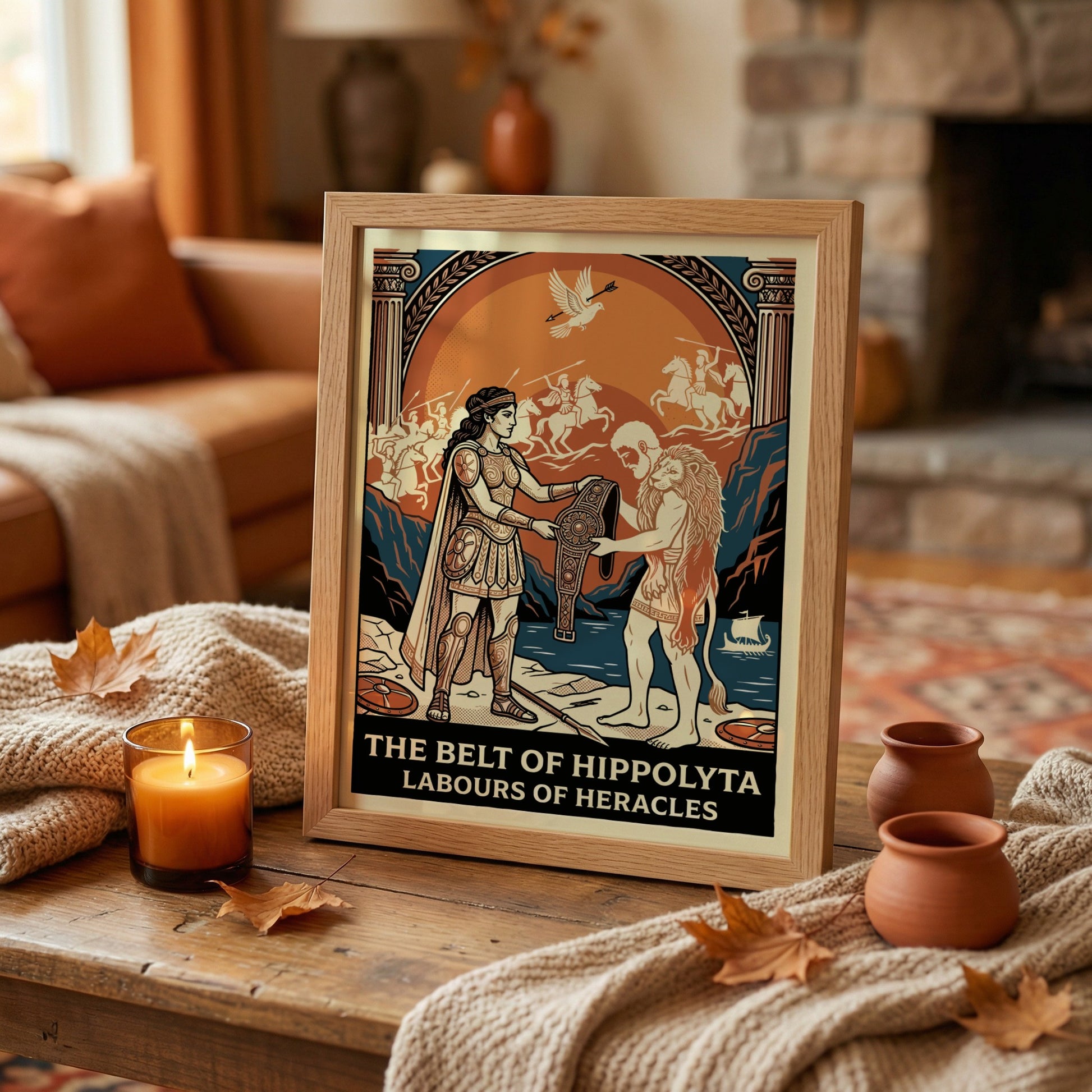 Vintage style poster of Heracles and Hippolyta from Greek mythology, featuring a lion pelt and ornate belt.