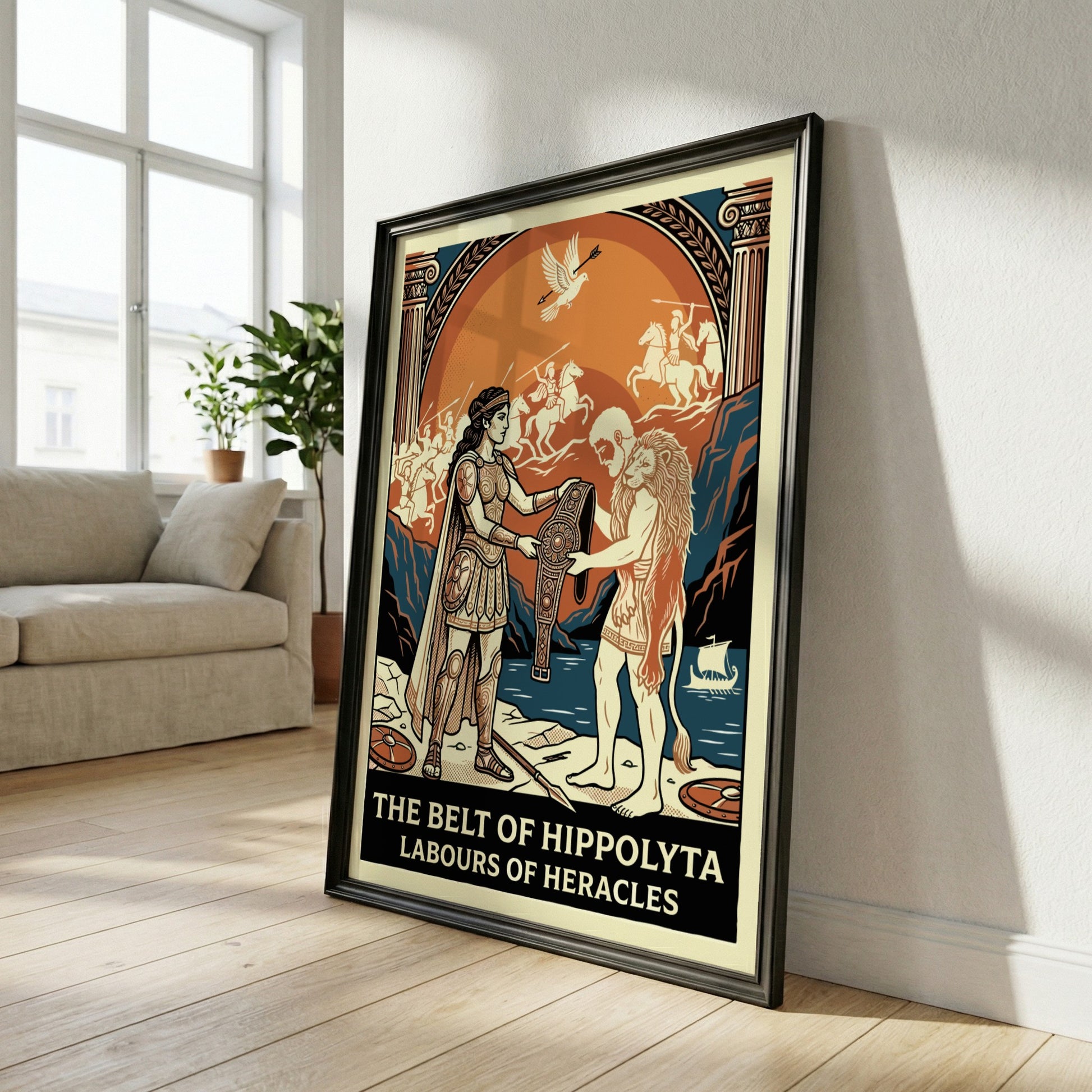 Vintage style poster of Heracles and Hippolyta from Greek mythology, featuring a lion pelt and ornate belt.