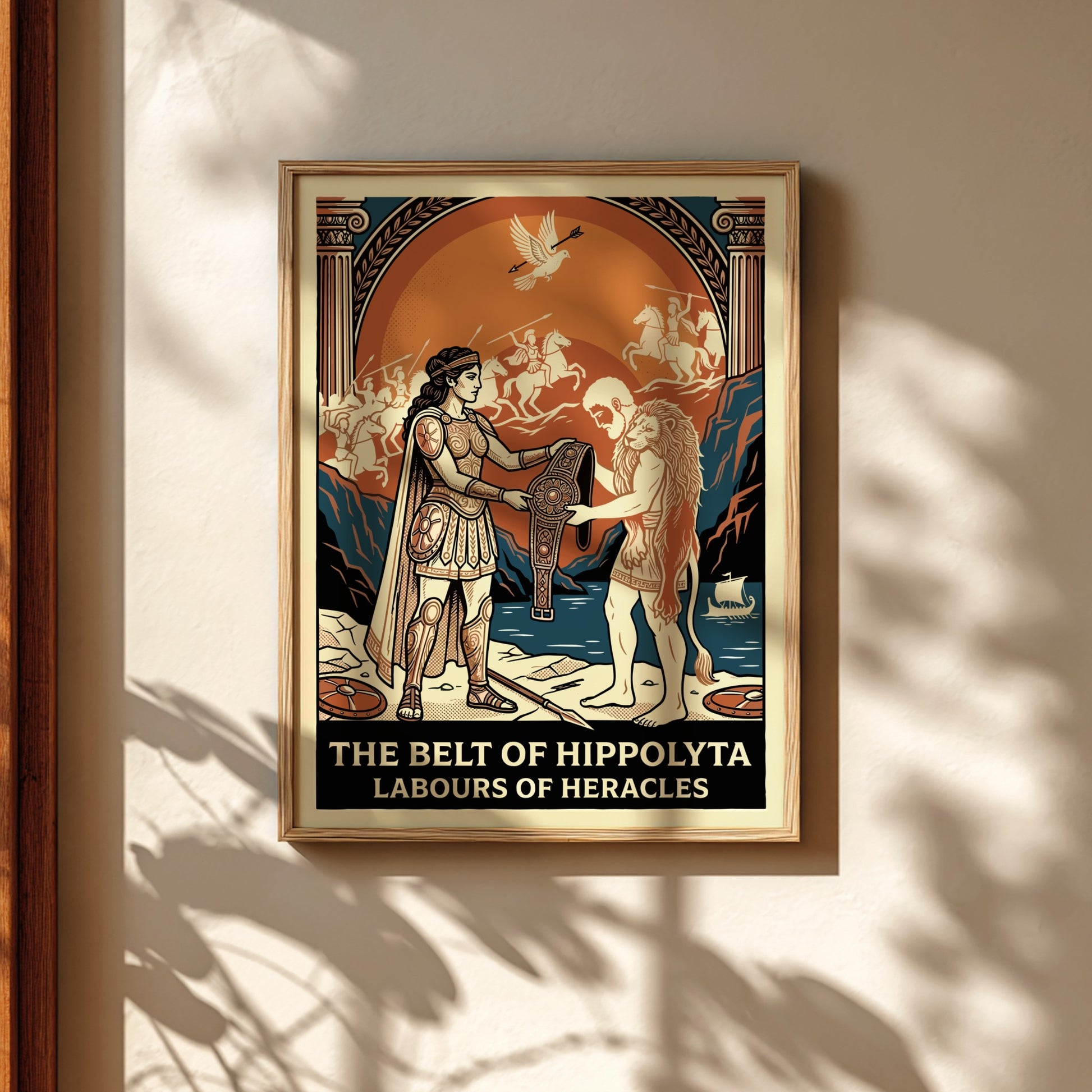 Vintage style poster of Heracles and Hippolyta from Greek mythology, featuring a lion pelt and ornate belt.