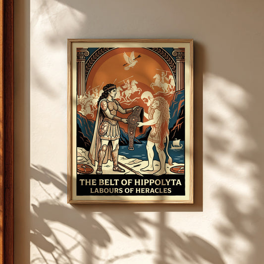 Vintage style poster of Heracles and Hippolyta from Greek mythology, featuring a lion pelt and ornate belt.
