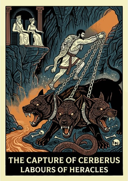 Heracles captures Cerberus poster in a graphic style, featuring the hero and the three-headed dog against a