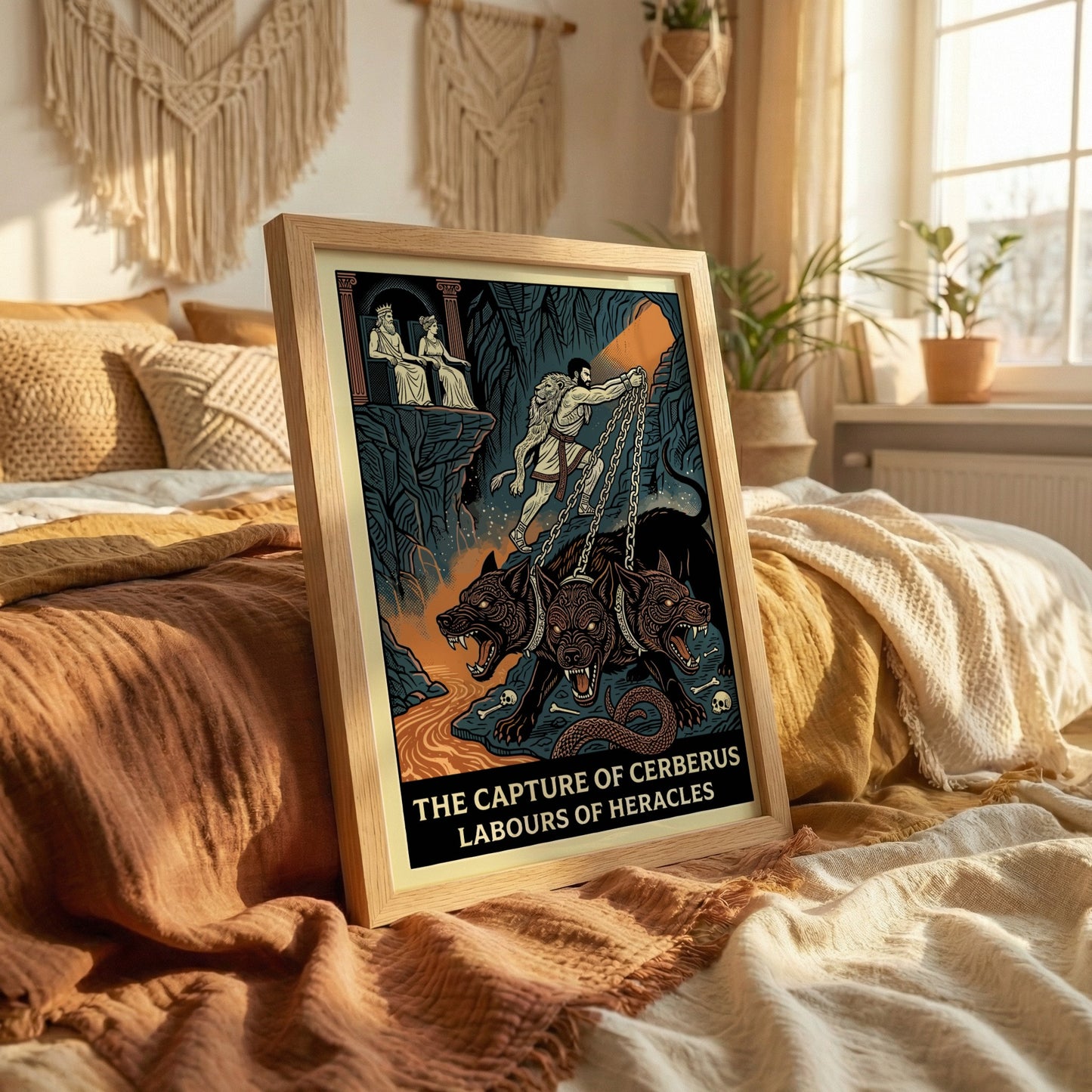 Heracles captures Cerberus poster in a graphic style, featuring the hero and the three-headed dog against a