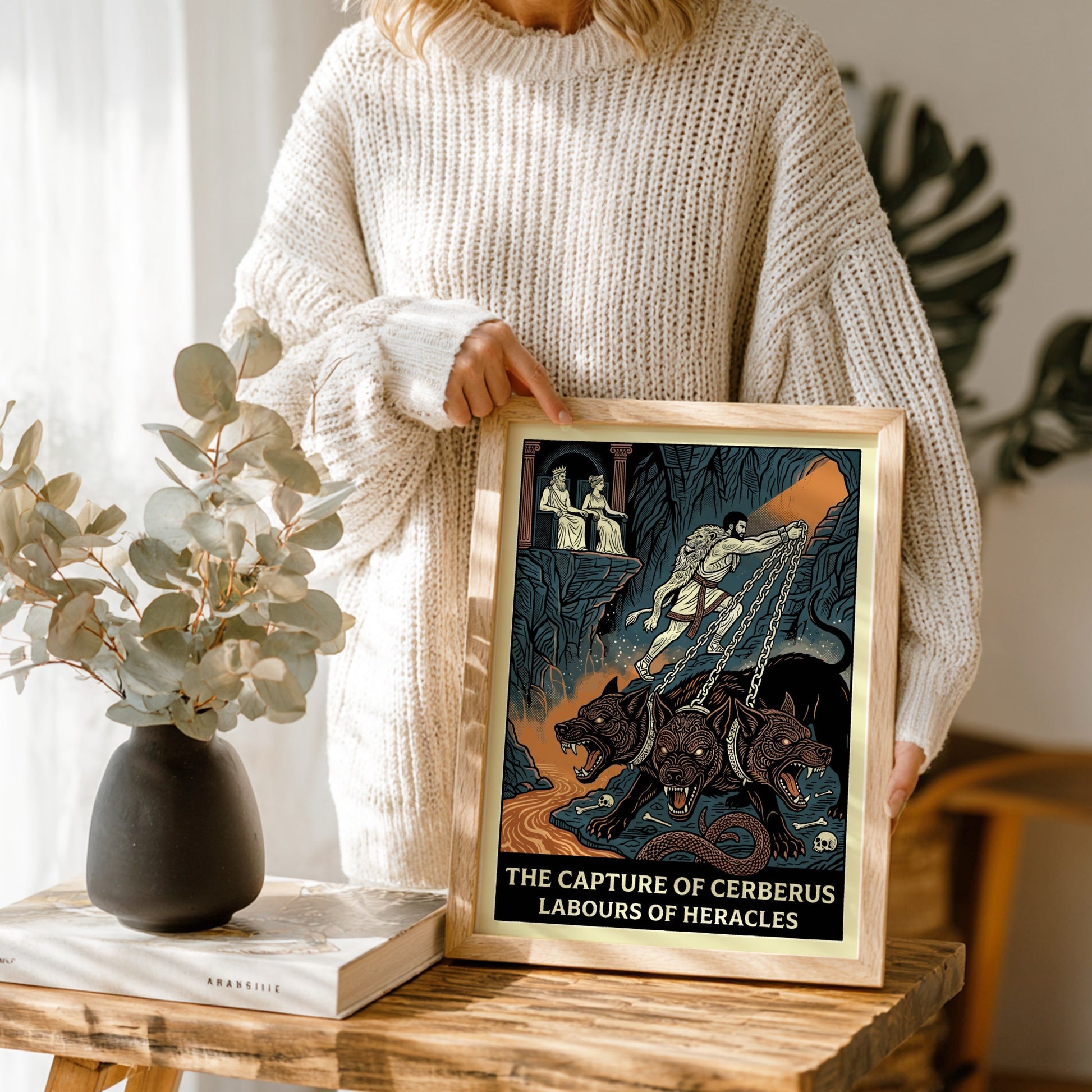 Heracles captures Cerberus poster in a graphic style, featuring the hero and the three-headed dog against a