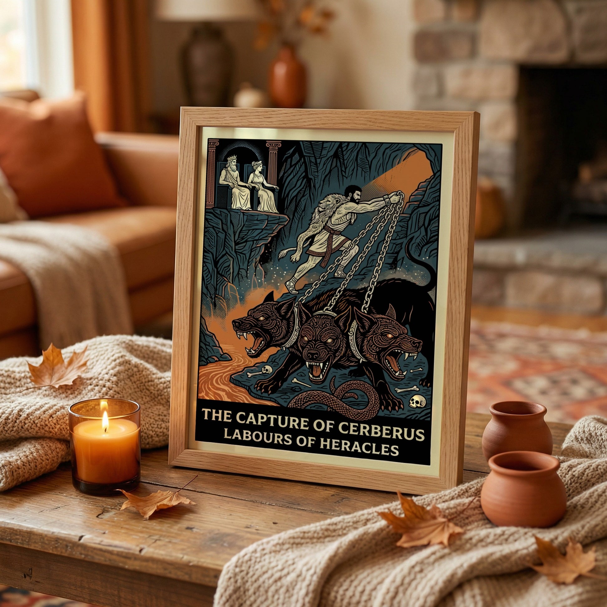 Heracles captures Cerberus poster in a graphic style, featuring the hero and the three-headed dog against a