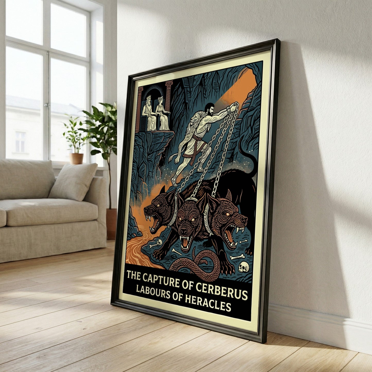 Heracles captures Cerberus poster in a graphic style, featuring the hero and the three-headed dog against a