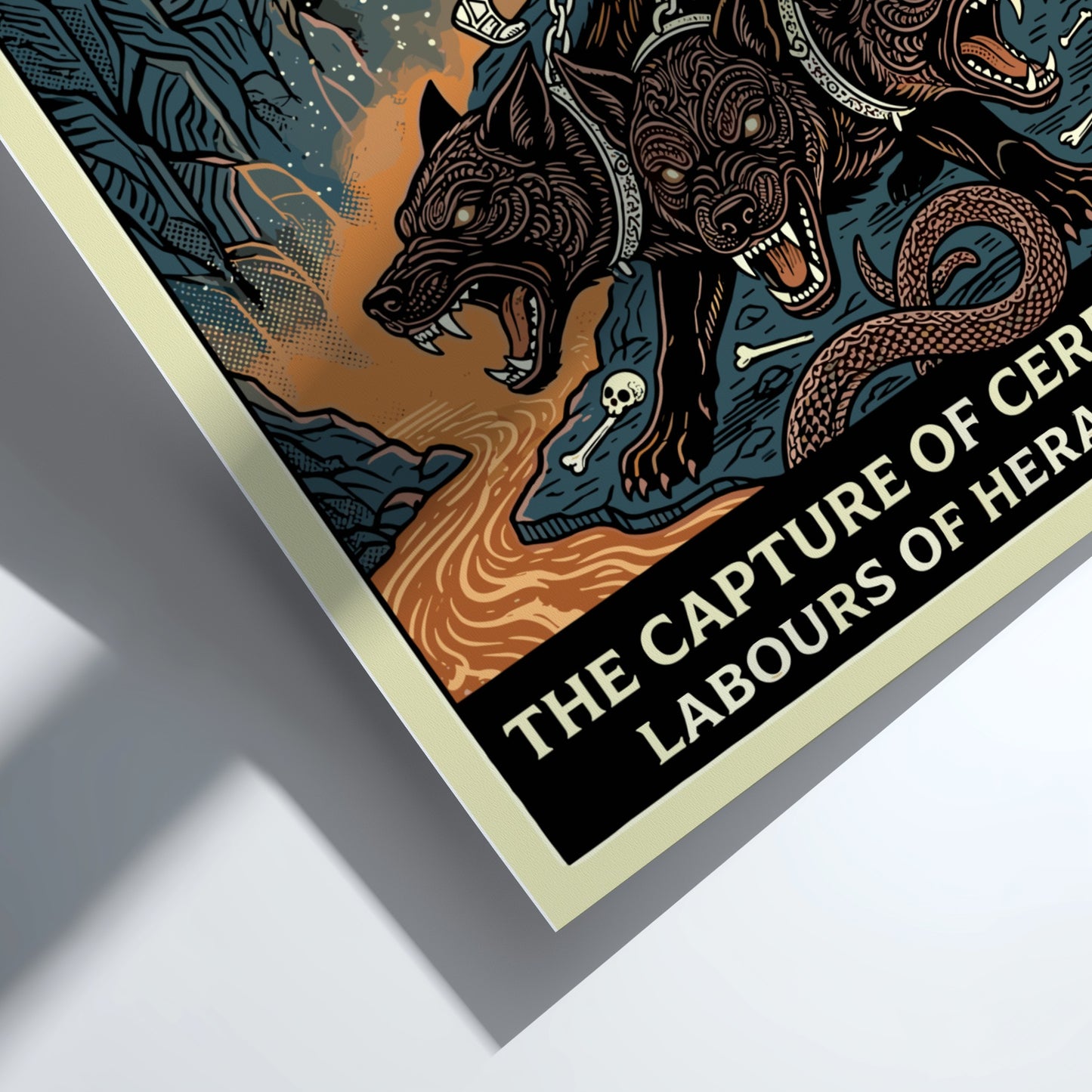 Heracles captures Cerberus poster in a graphic style, featuring the hero and the three-headed dog against a