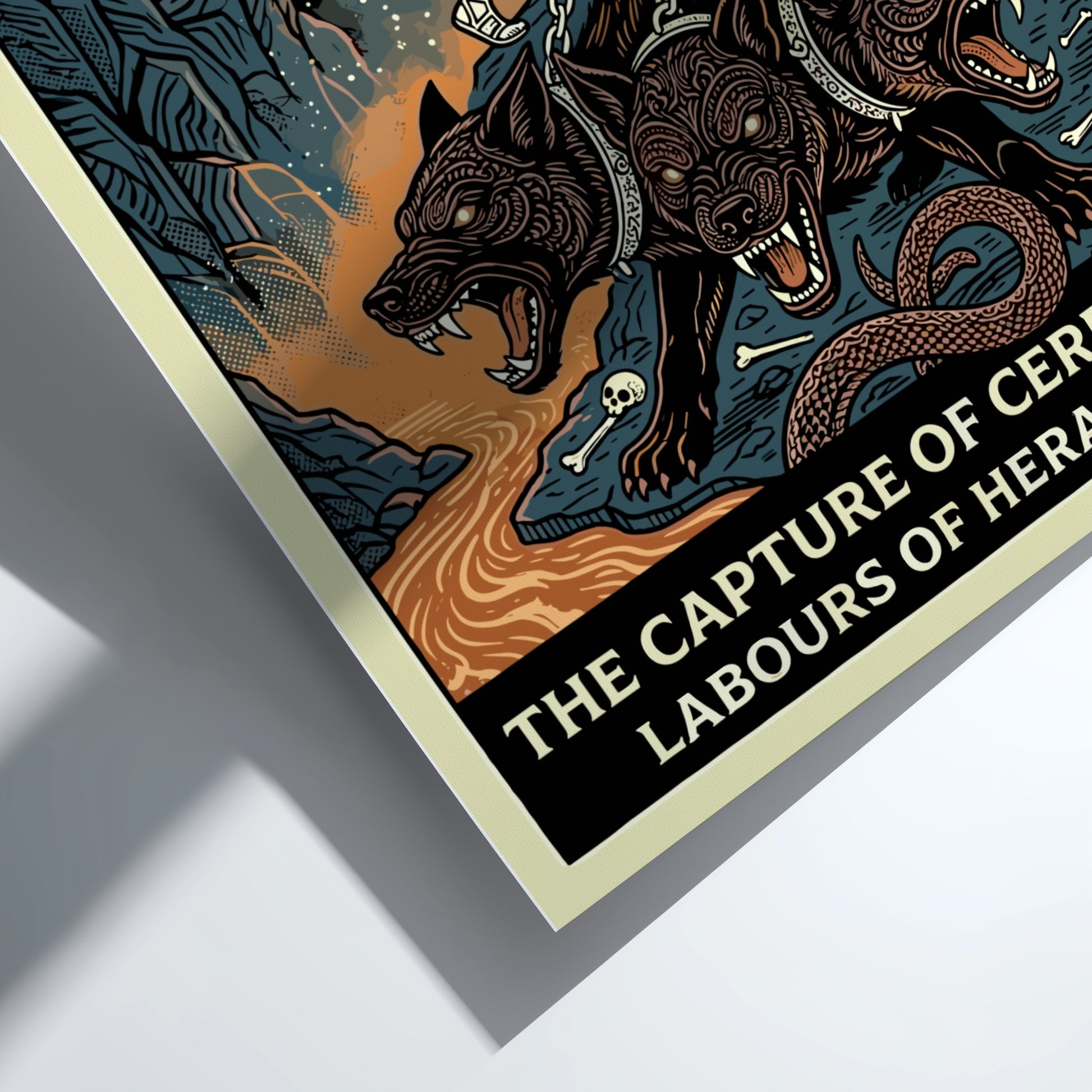 Heracles captures Cerberus poster in a graphic style, featuring the hero and the three-headed dog against a