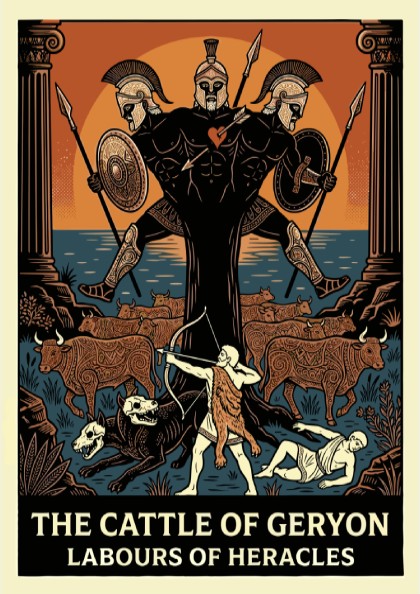 Geryon Greek Mythology poster with Heracles, cattle, and mythological figures in a bold, stylized ancient art