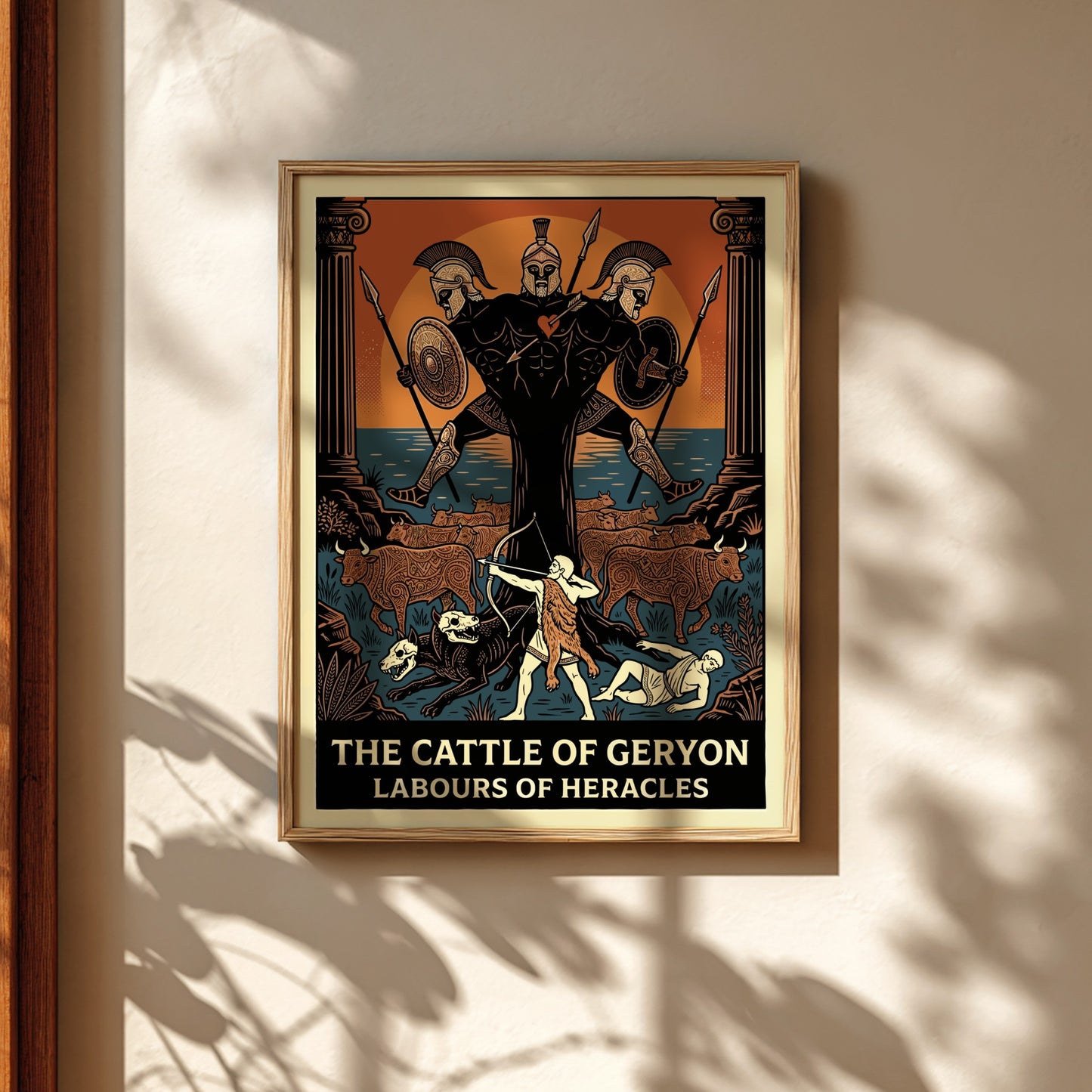 Geryon Greek Mythology poster with Heracles, cattle, and mythological figures in a bold, stylized ancient art