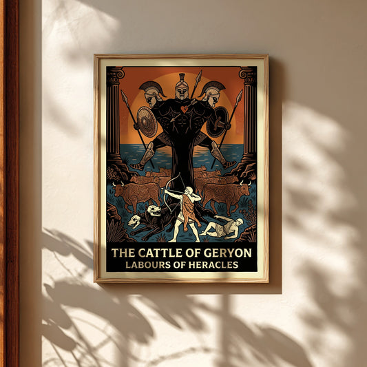 Geryon Greek Mythology poster with Heracles, cattle, and mythological figures in a bold, stylized ancient art