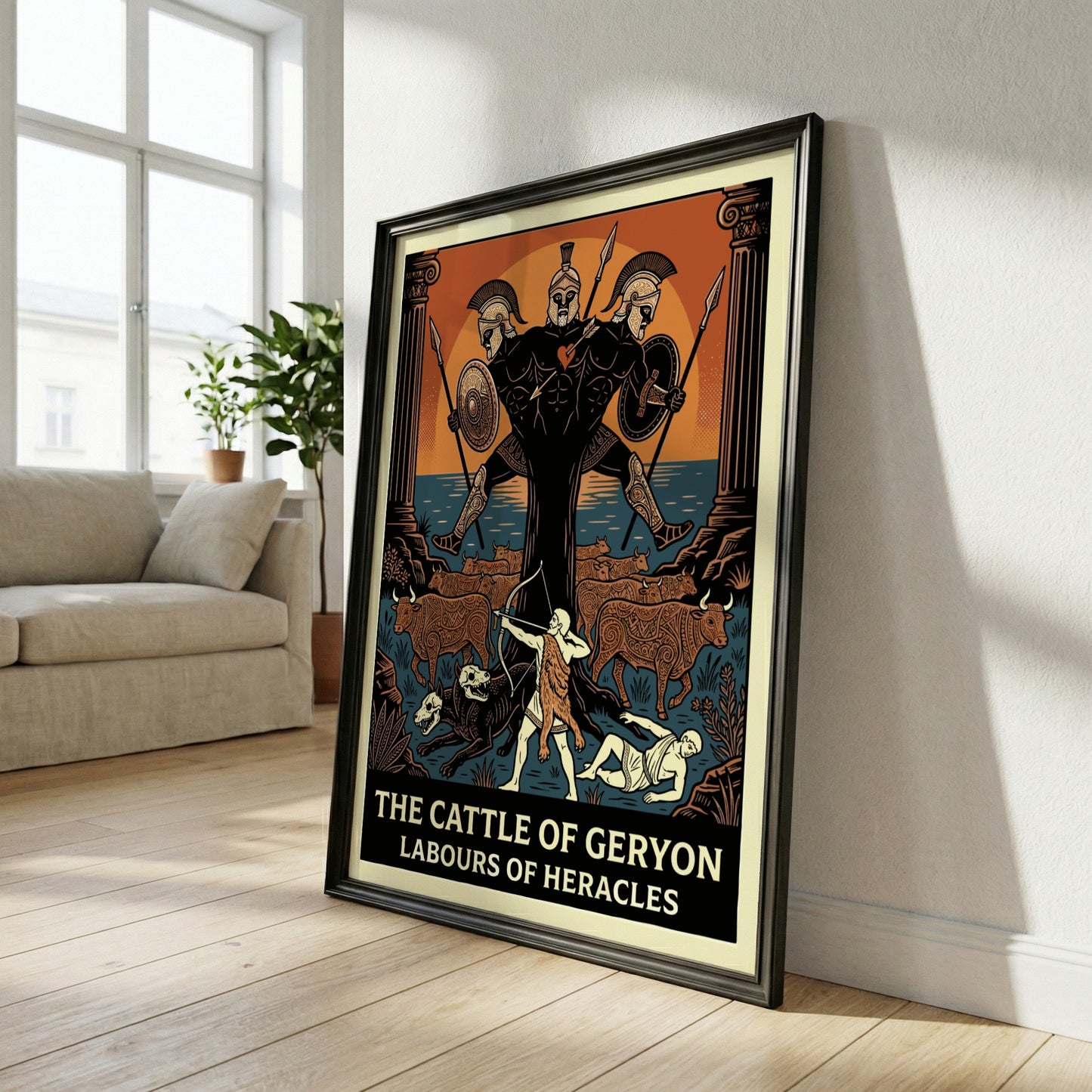 Geryon Greek Mythology poster with Heracles, cattle, and mythological figures in a bold, stylized ancient art