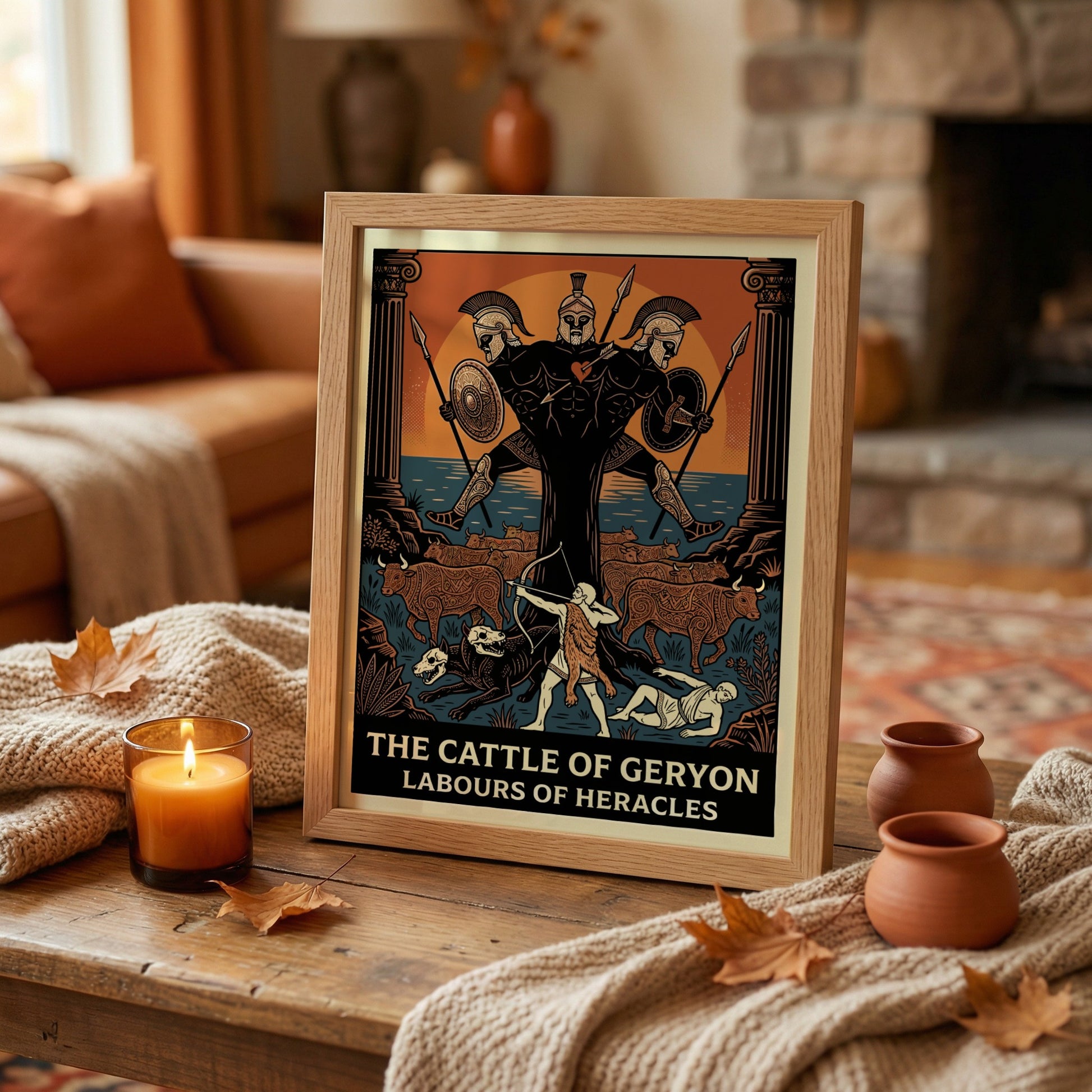 Geryon Greek Mythology poster with Heracles, cattle, and mythological figures in a bold, stylized ancient art