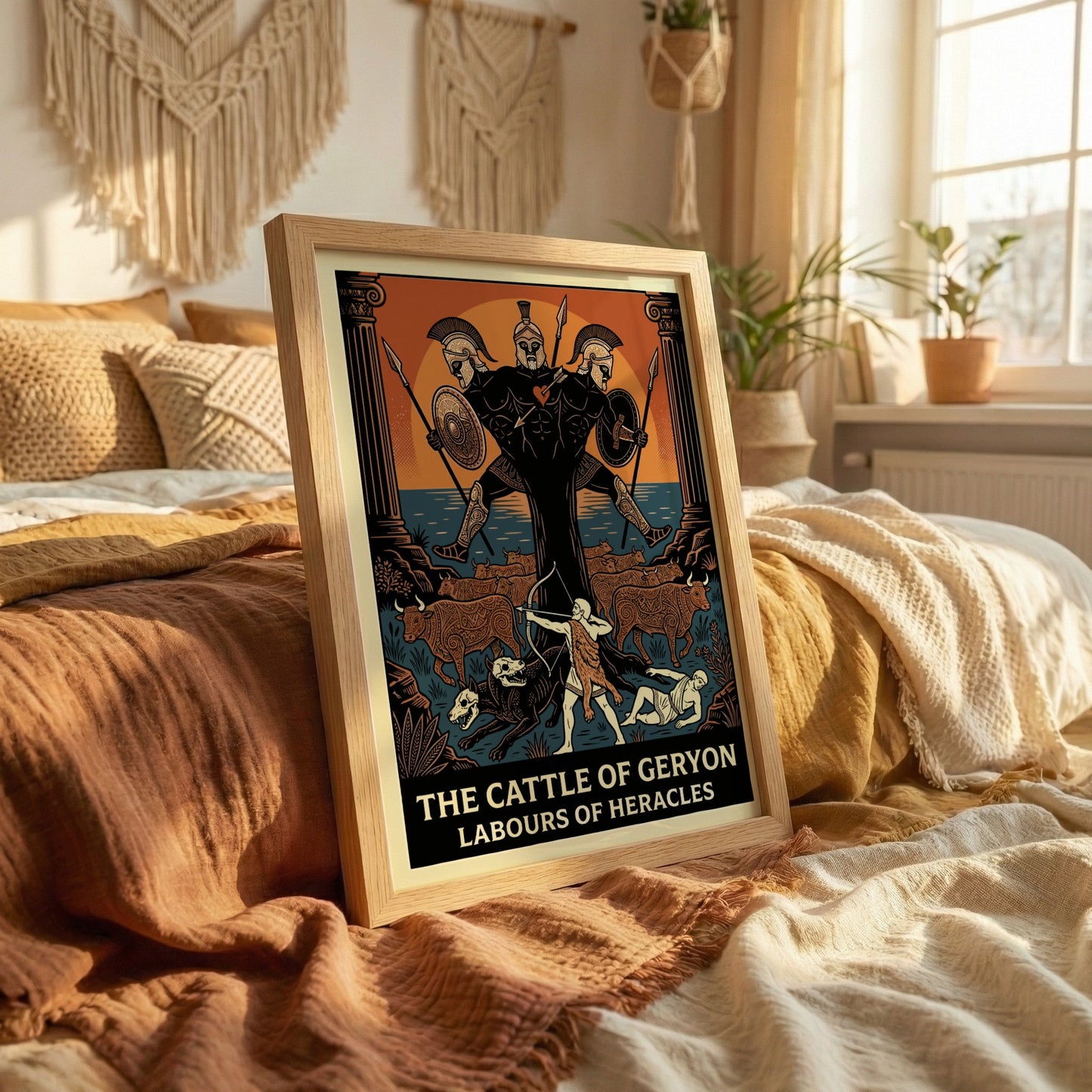 Geryon Greek Mythology poster with Heracles, cattle, and mythological figures in a bold, stylized ancient art