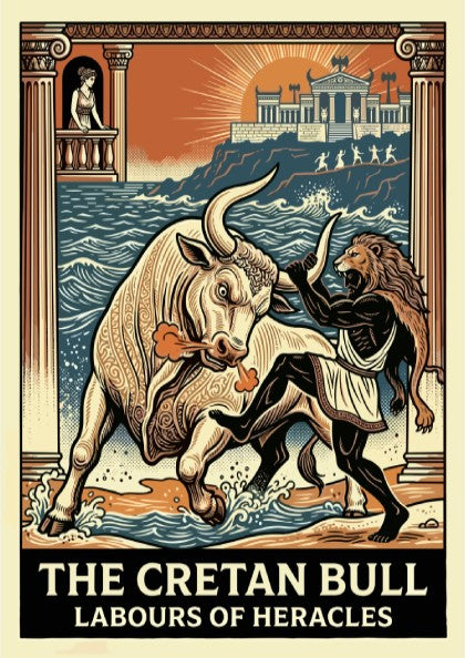 Poster of the Cretan Bull and Heracles from Greek mythology, featuring a stylized illustration and vibrant