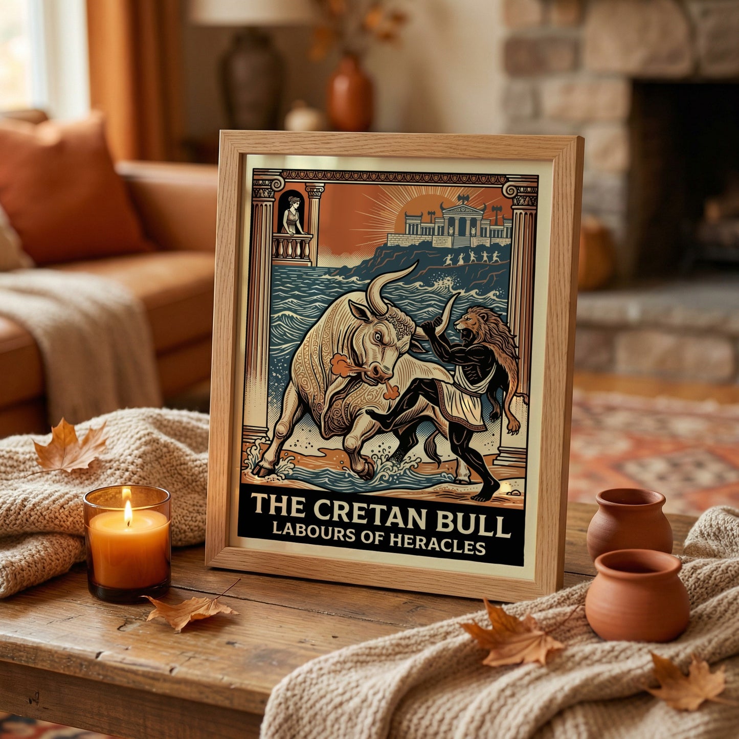 Poster of the Cretan Bull and Heracles from Greek mythology, featuring a stylized illustration and vibrant