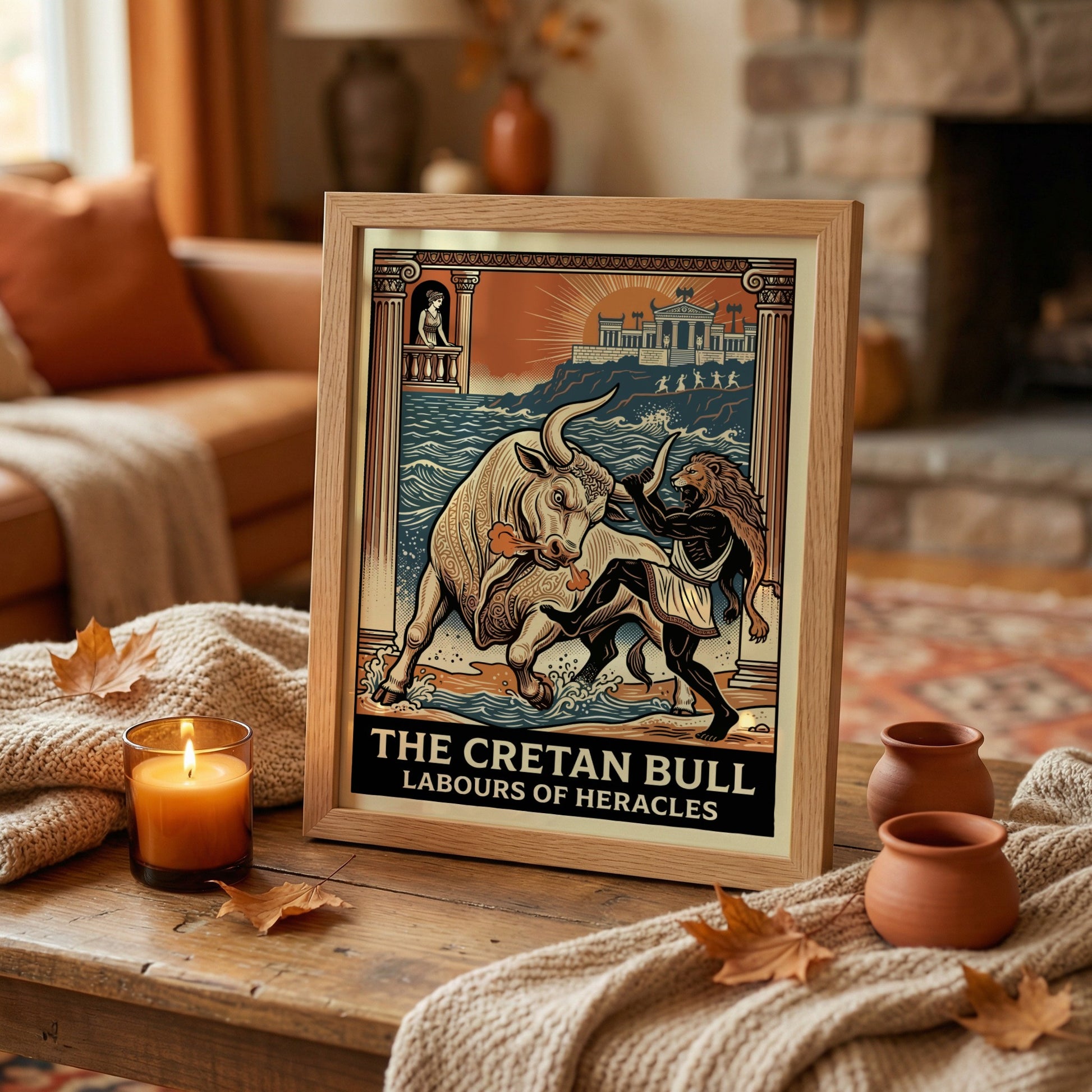 Poster of the Cretan Bull and Heracles from Greek mythology, featuring a stylized illustration and vibrant