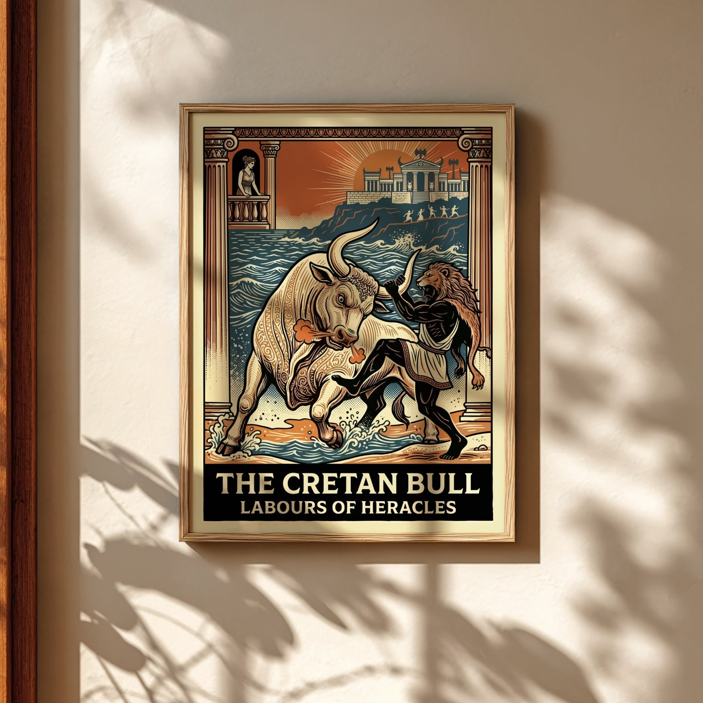 Poster of the Cretan Bull and Heracles from Greek mythology, featuring a stylized illustration and vibrant