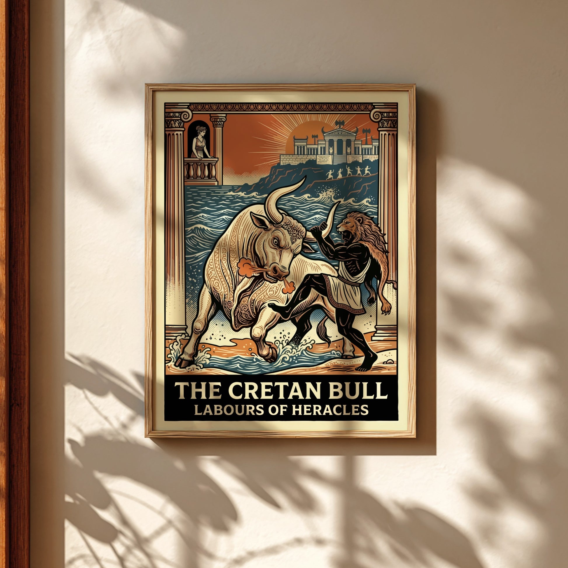 Poster of the Cretan Bull and Heracles from Greek mythology, featuring a stylized illustration and vibrant