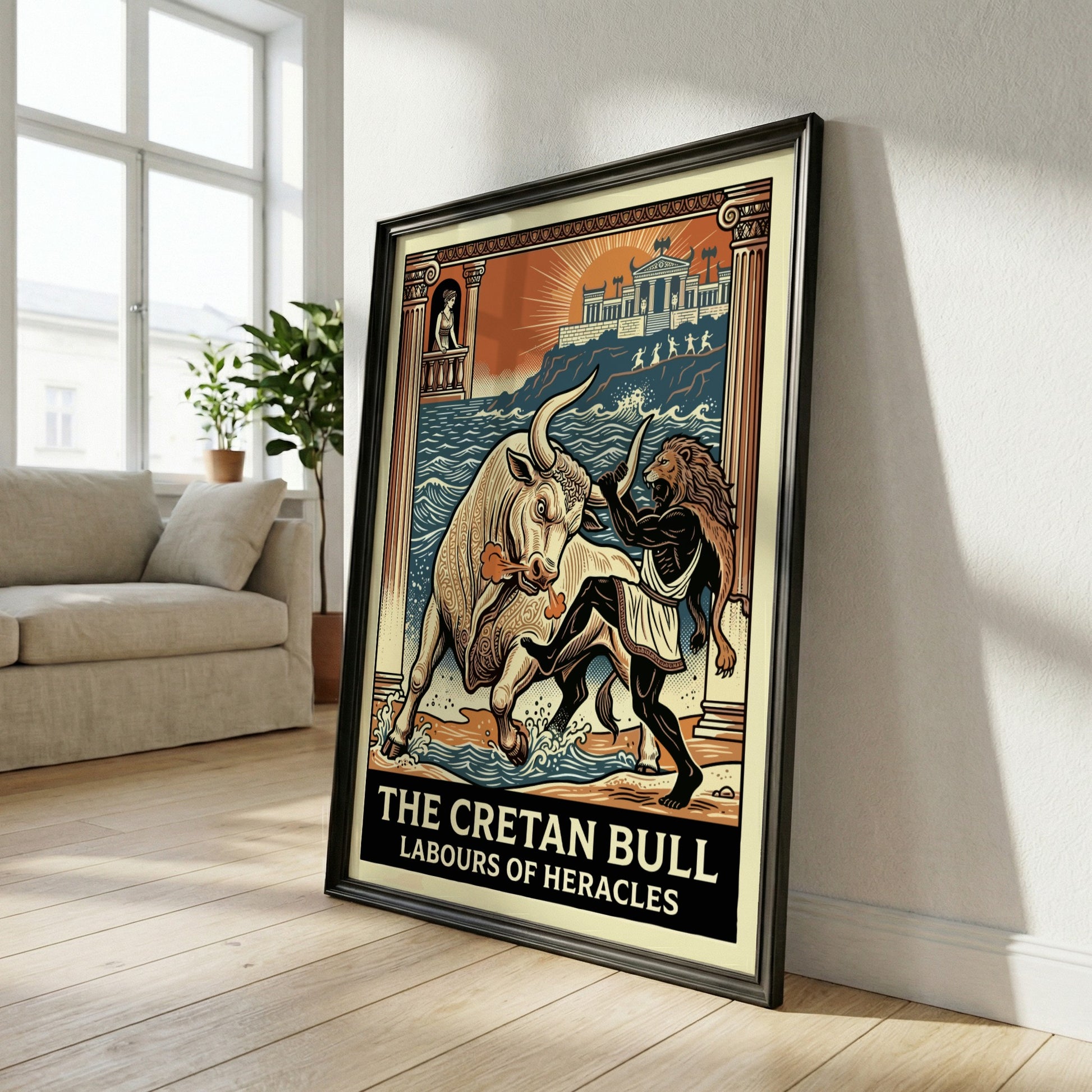 Poster of the Cretan Bull and Heracles from Greek mythology, featuring a stylized illustration and vibrant