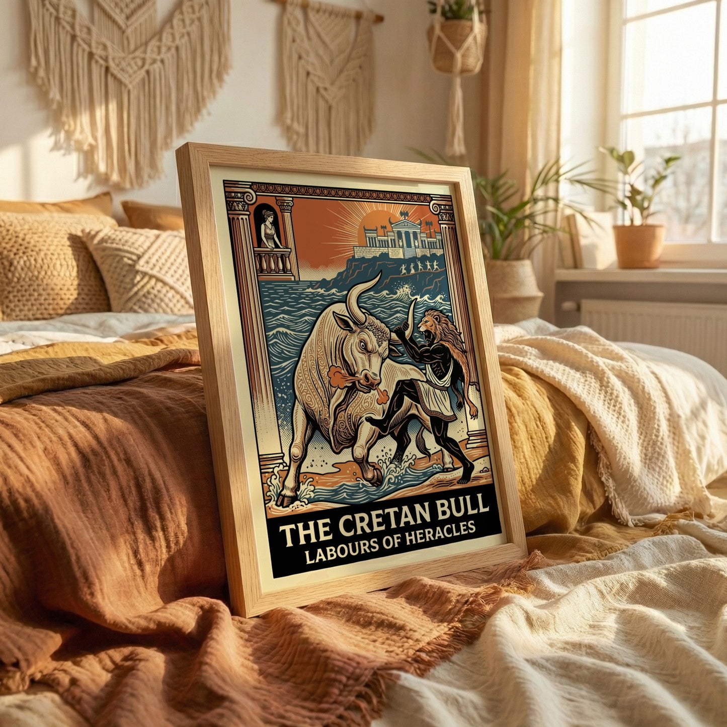 Poster of the Cretan Bull and Heracles from Greek mythology, featuring a stylized illustration and vibrant