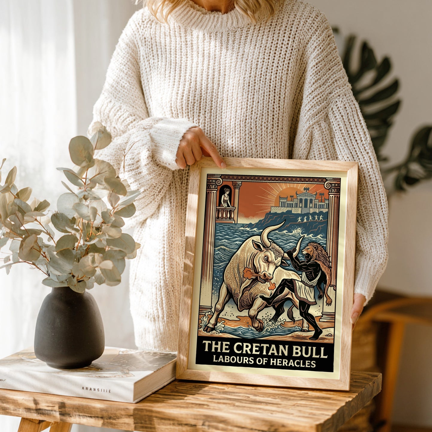 Poster of the Cretan Bull and Heracles from Greek mythology, featuring a stylized illustration and vibrant